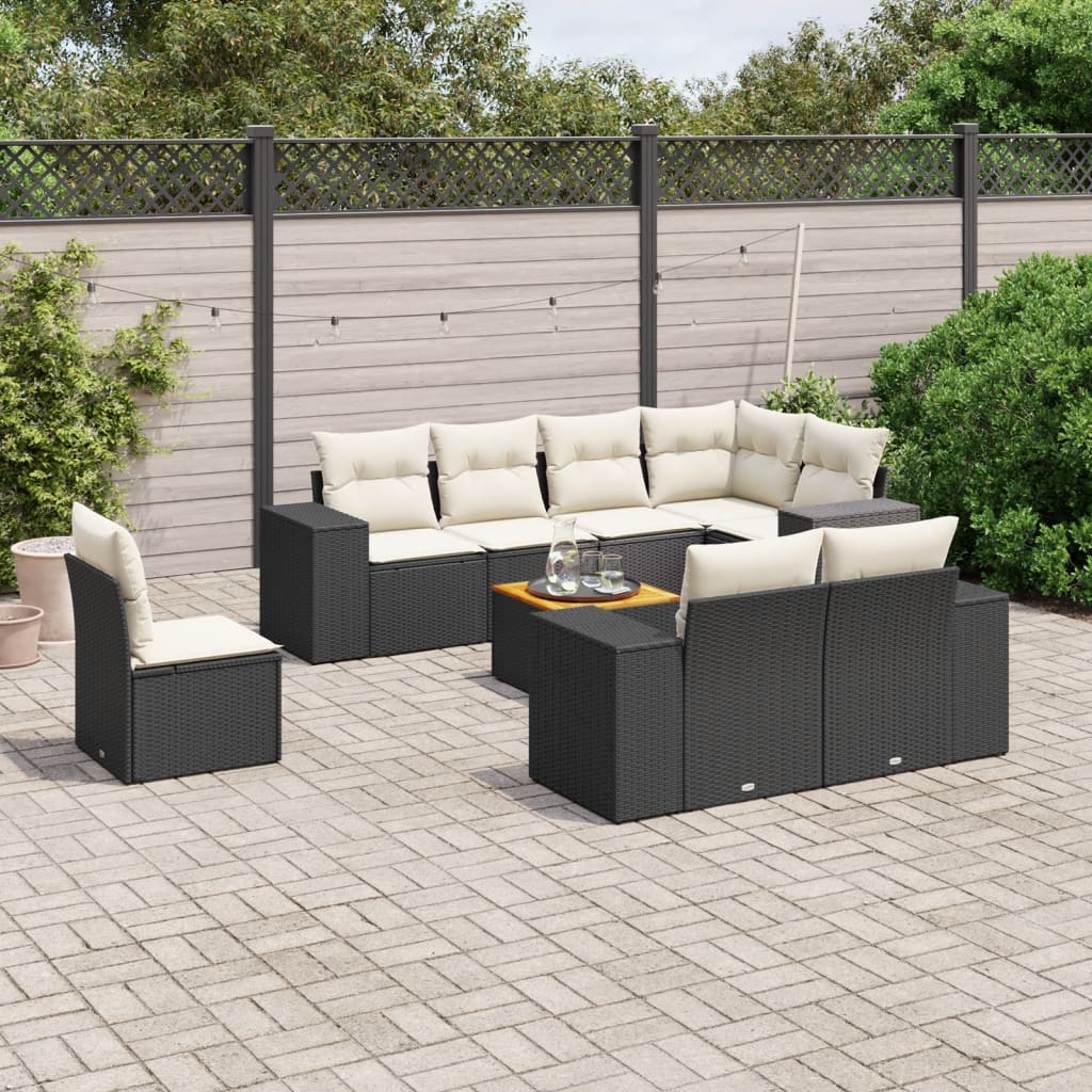 Set mobilier de grădină cu perne, 9 piese, negru, poliratan GartenMobel Dekor