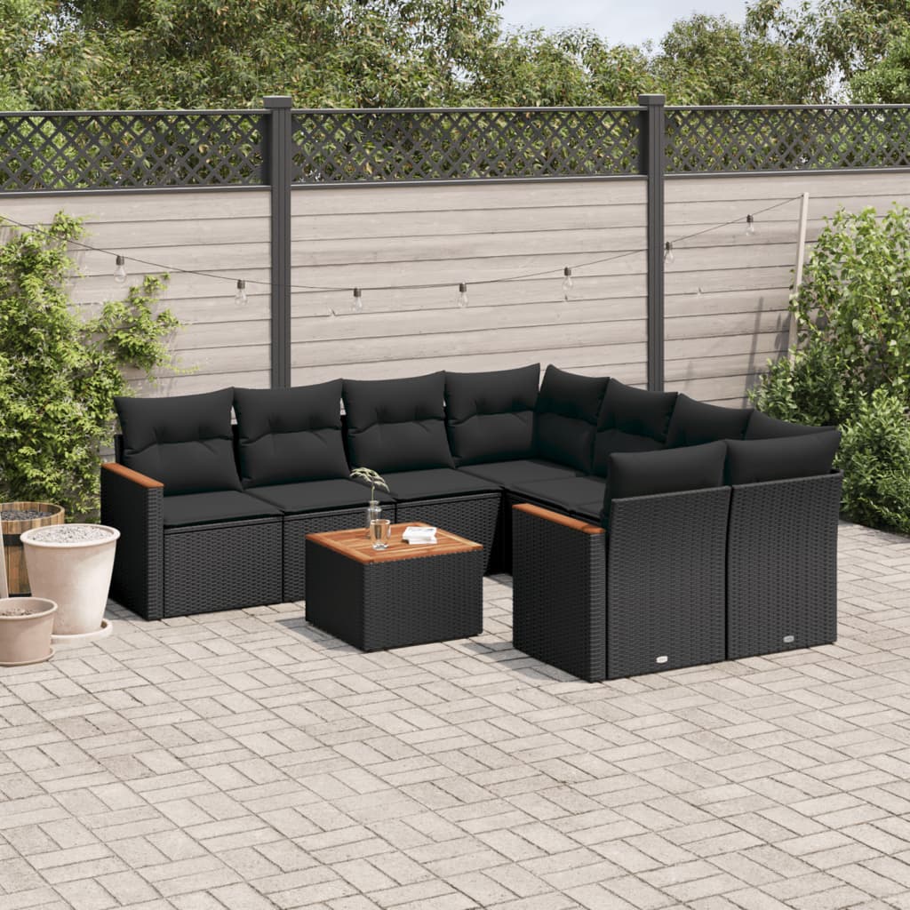 Set mobilier de grădină cu perne, 9 piese, negru, poliratan GartenMobel Dekor