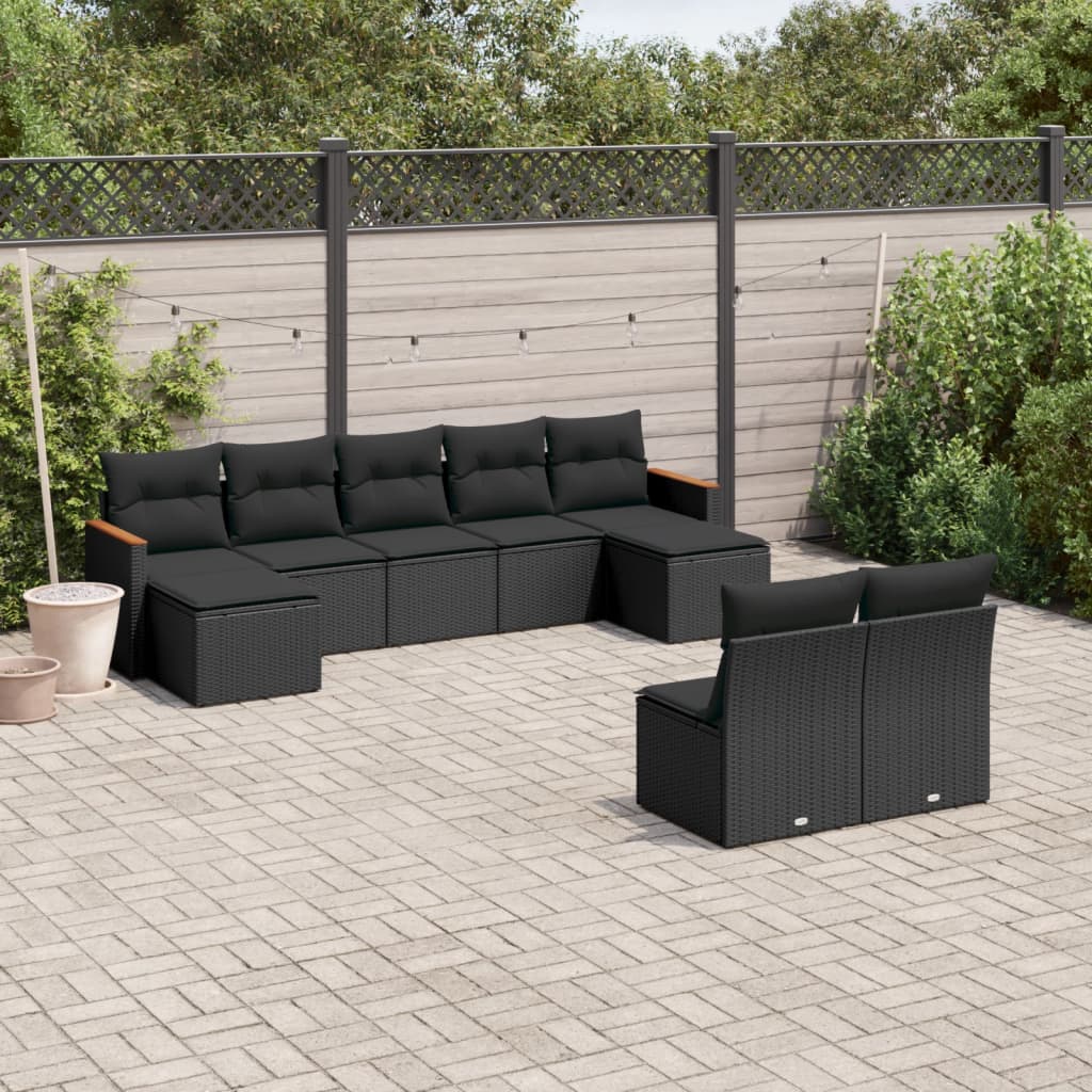 Set mobilier de grădină cu perne, 9 piese, negru, poliratan GartenMobel Dekor