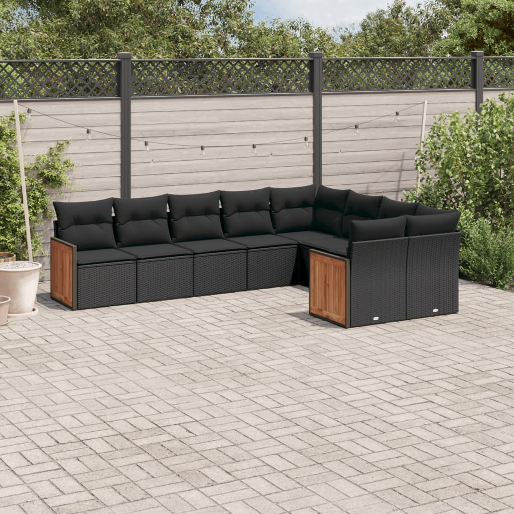 Set mobilier de grădină cu perne, 9 piese, negru, poliratan GartenMobel Dekor