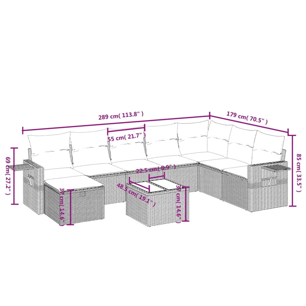 Set mobilier de grădină cu perne, 9 piese, negru, poliratan GartenMobel Dekor