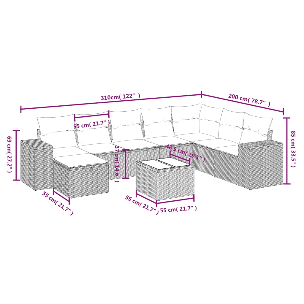 Set mobilier de grădină cu perne, 9 piese, negru, poliratan GartenMobel Dekor