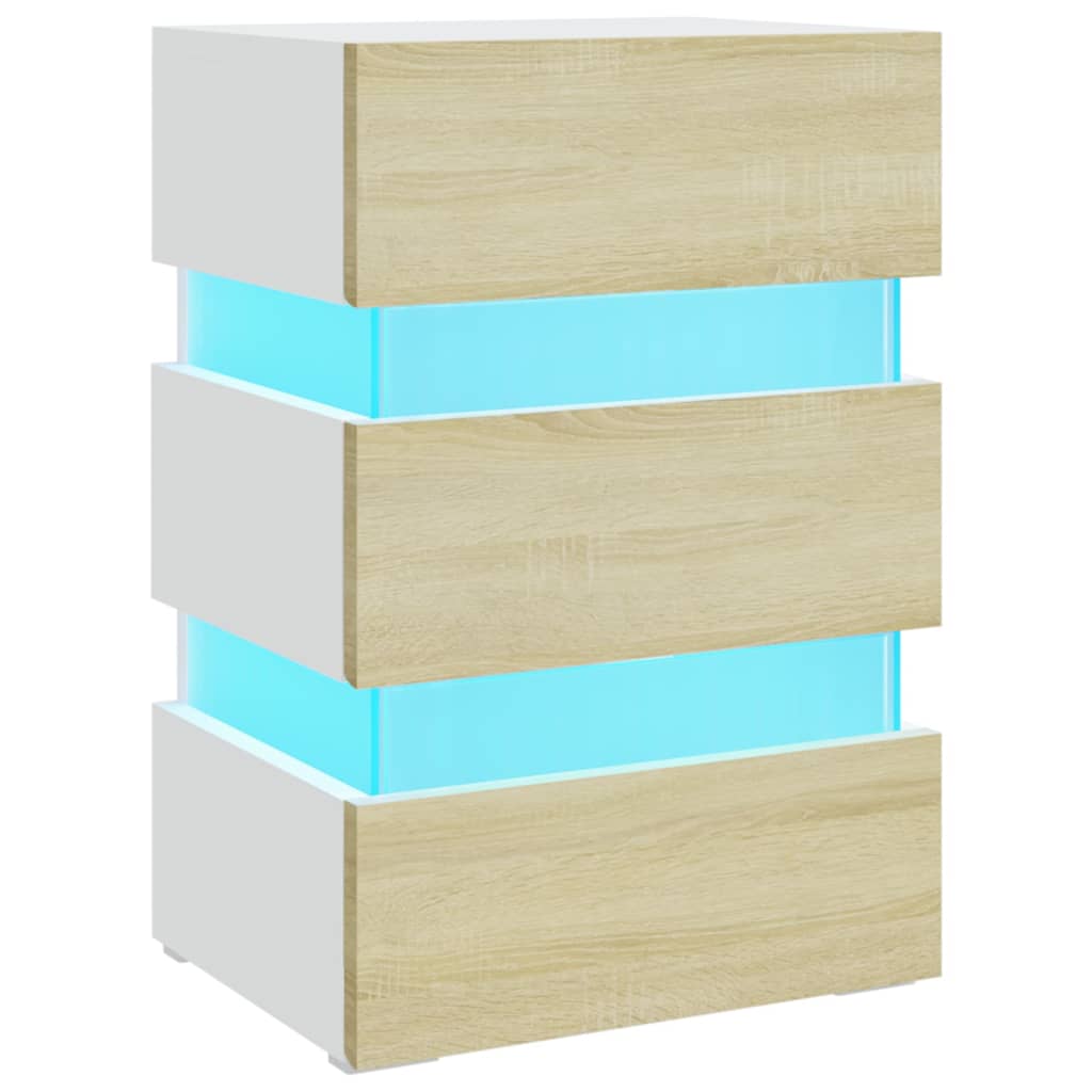 Noptieră cu LED, alb/stejar sonoma, 45x35x67 cm, lemn prelucrat GartenMobel Dekor