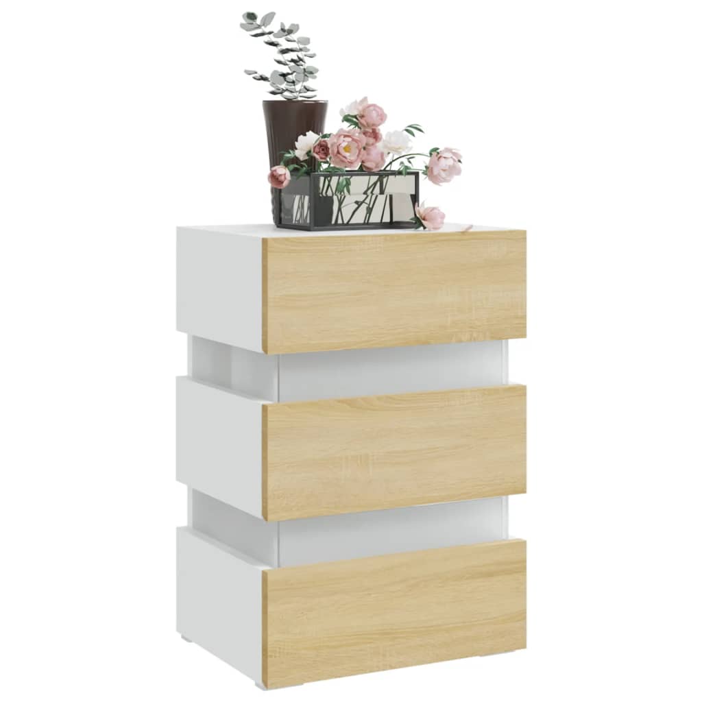 Noptieră cu LED, alb/stejar sonoma, 45x35x67 cm, lemn prelucrat GartenMobel Dekor