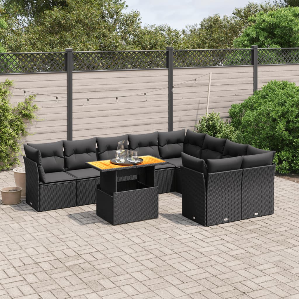 Set canapele de grădină cu perne, 10 piese, negru, poliratan GartenMobel Dekor