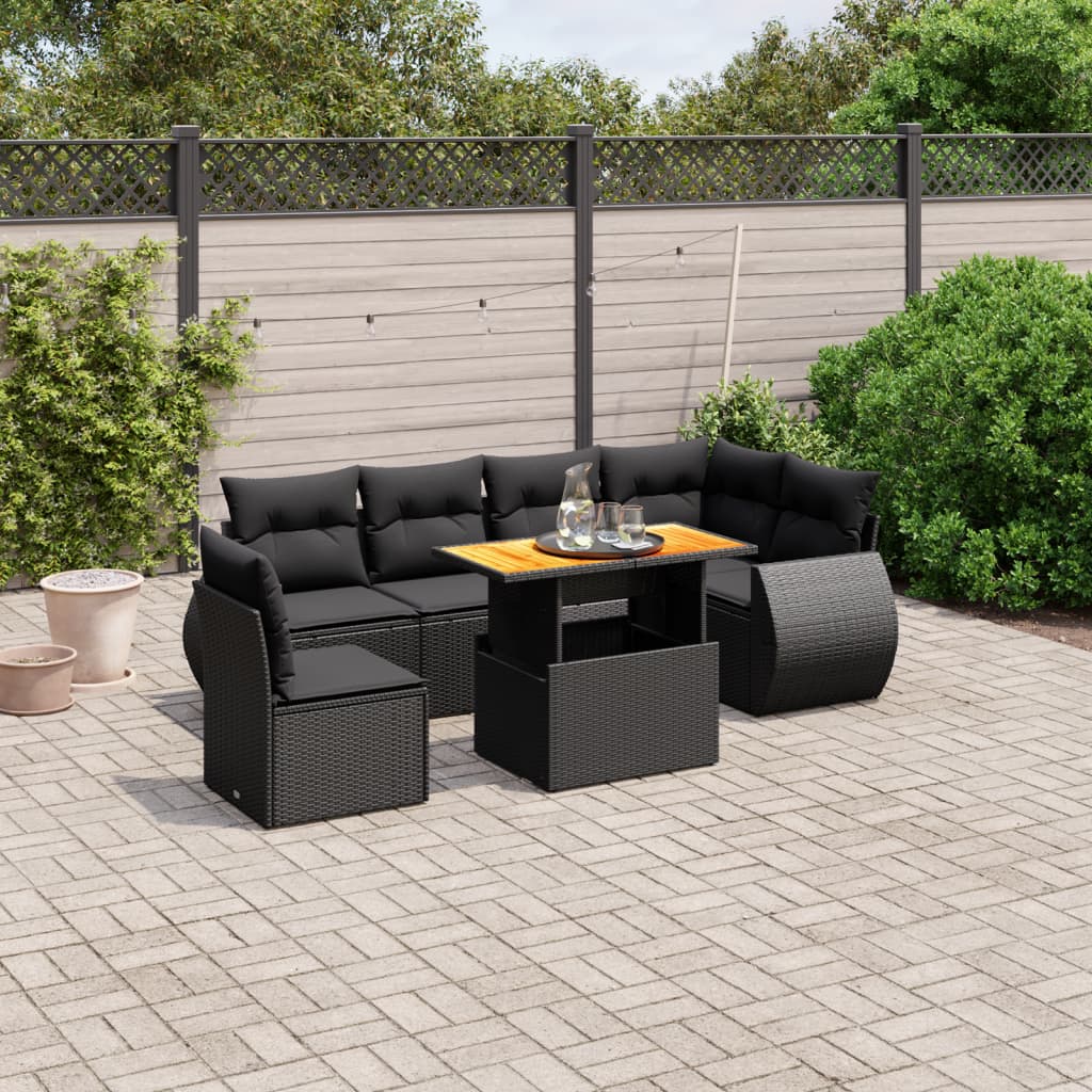 Set canapele de grădină cu perne, 7 piese, negru, poliratan GartenMobel Dekor