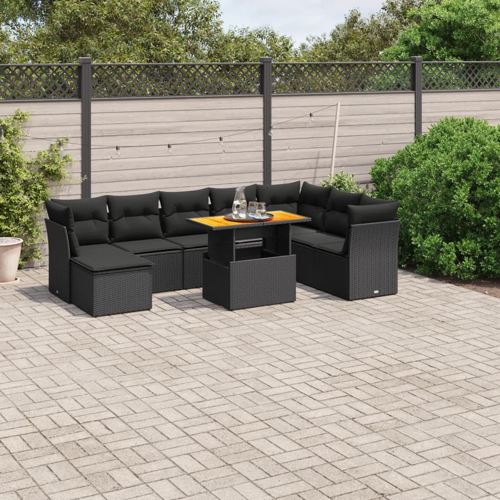 Set mobilier de grădină cu perne, 9 piese, negru, poliratan GartenMobel Dekor
