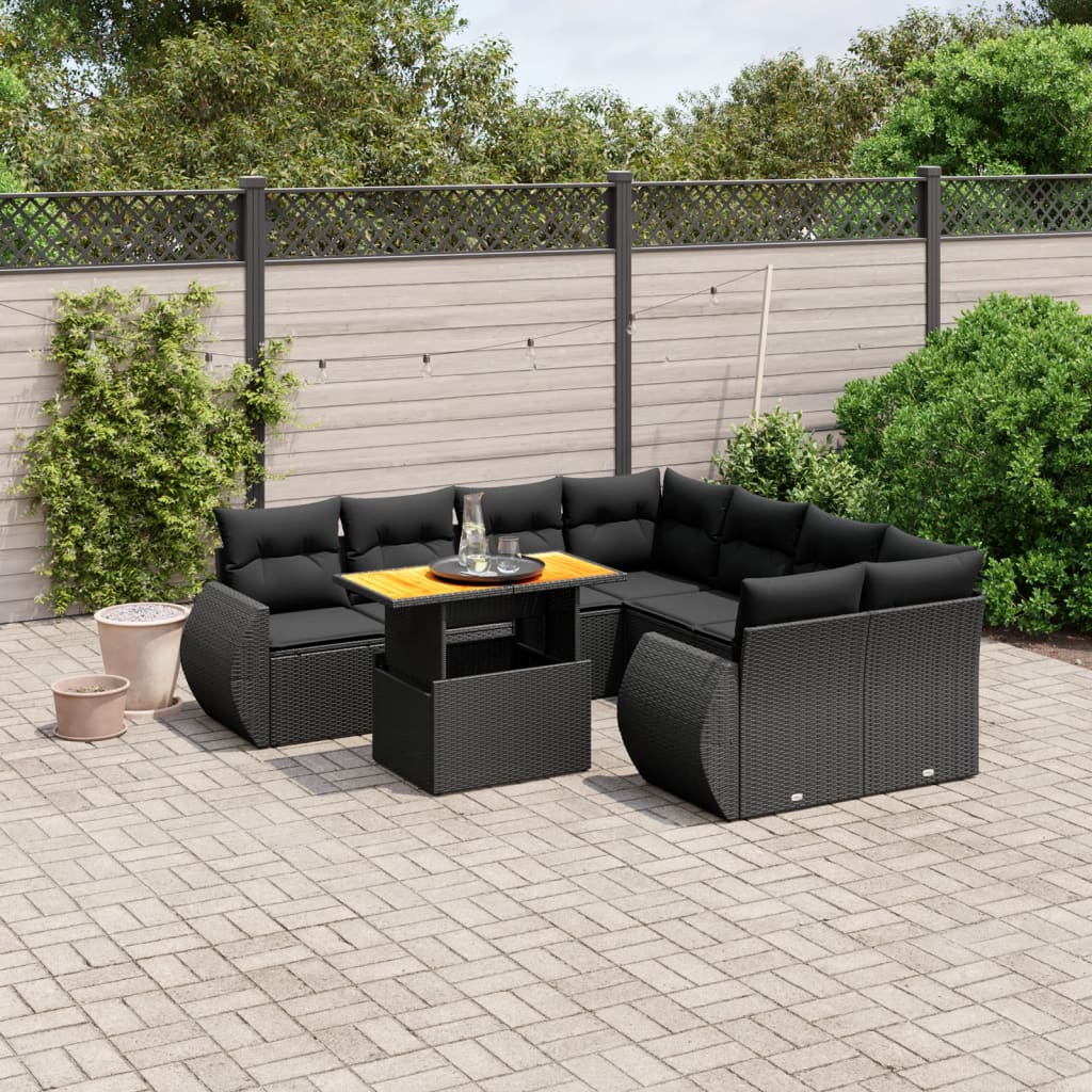 Set mobilier de grădină cu perne, 9 piese, negru, poliratan GartenMobel Dekor
