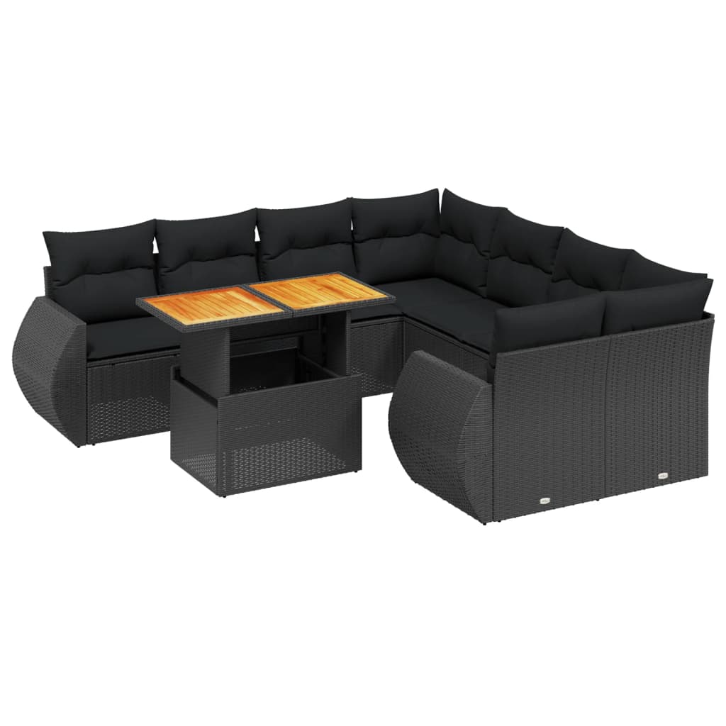 Set mobilier de grădină cu perne, 9 piese, negru, poliratan GartenMobel Dekor
