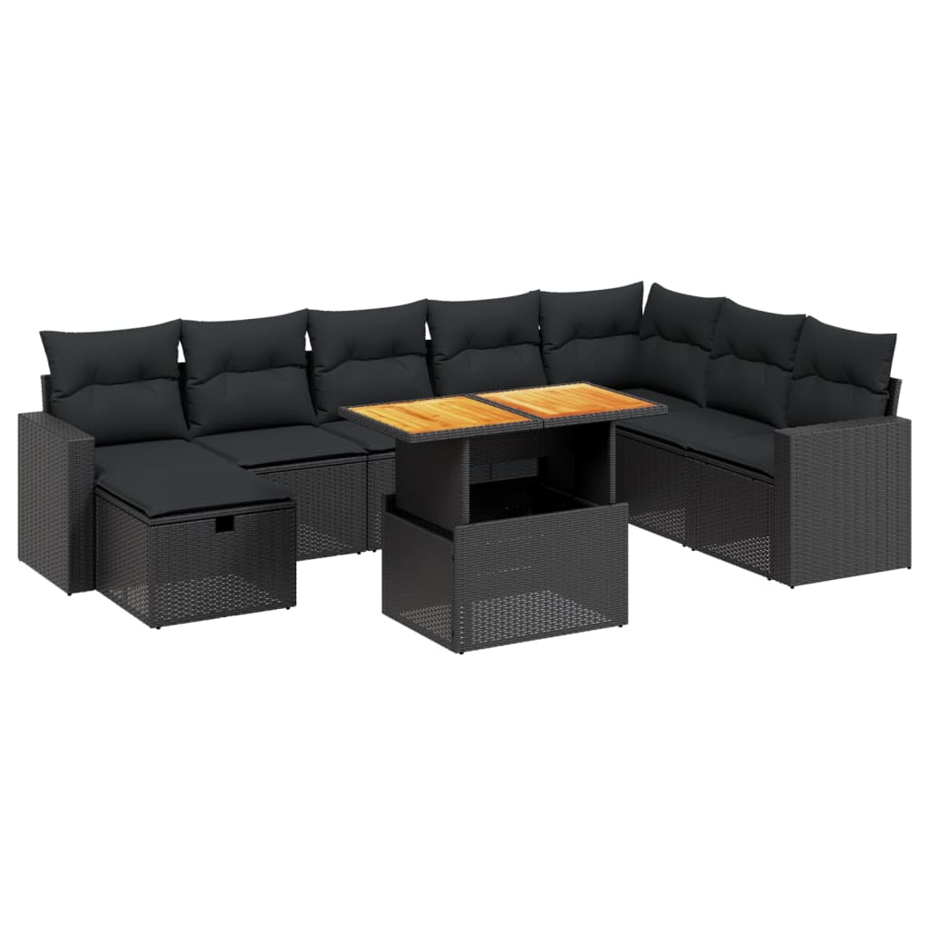 Set mobilier de grădină cu perne, 9 piese, negru, poliratan GartenMobel Dekor