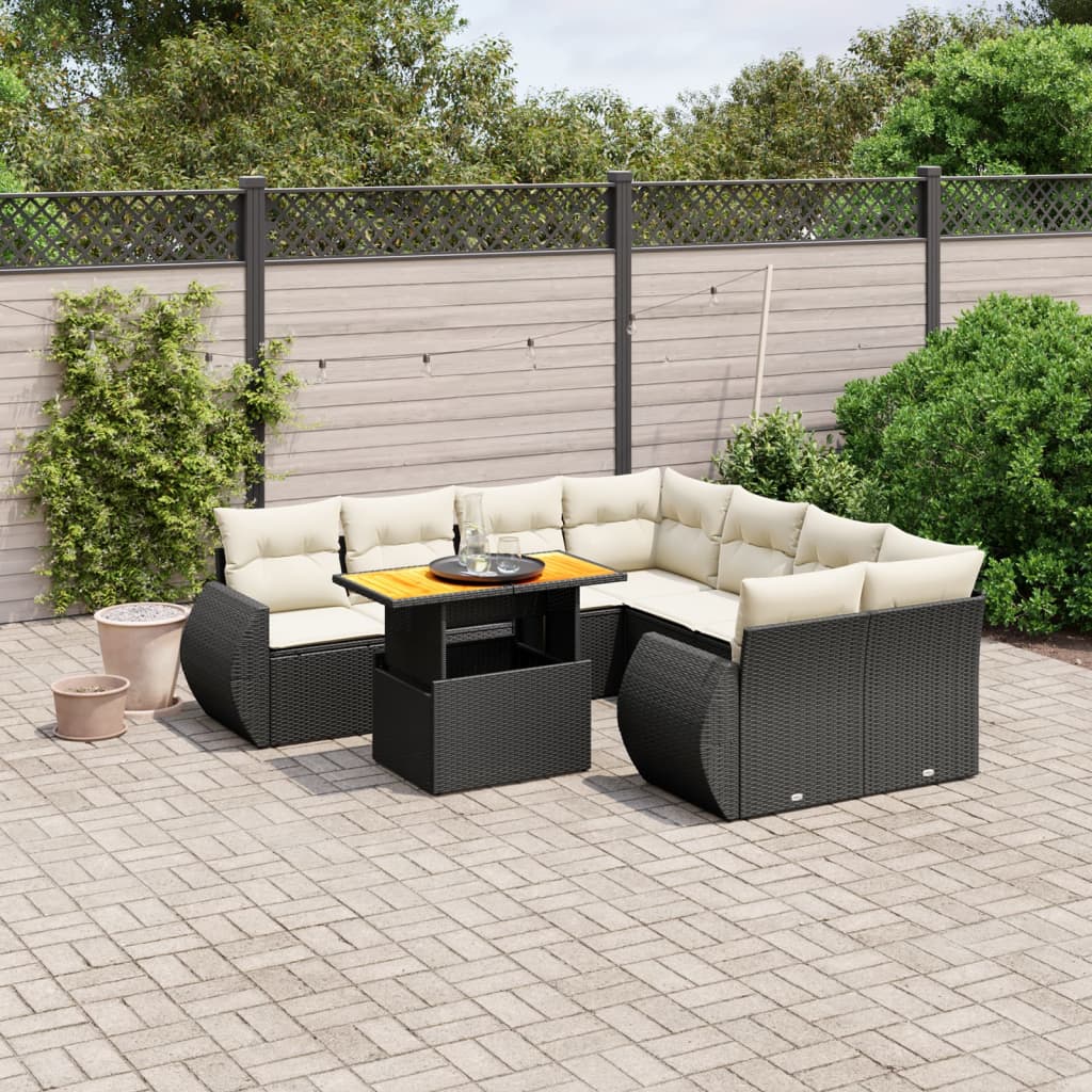Set mobilier de grădină cu perne, 9 piese, negru, poliratan GartenMobel Dekor