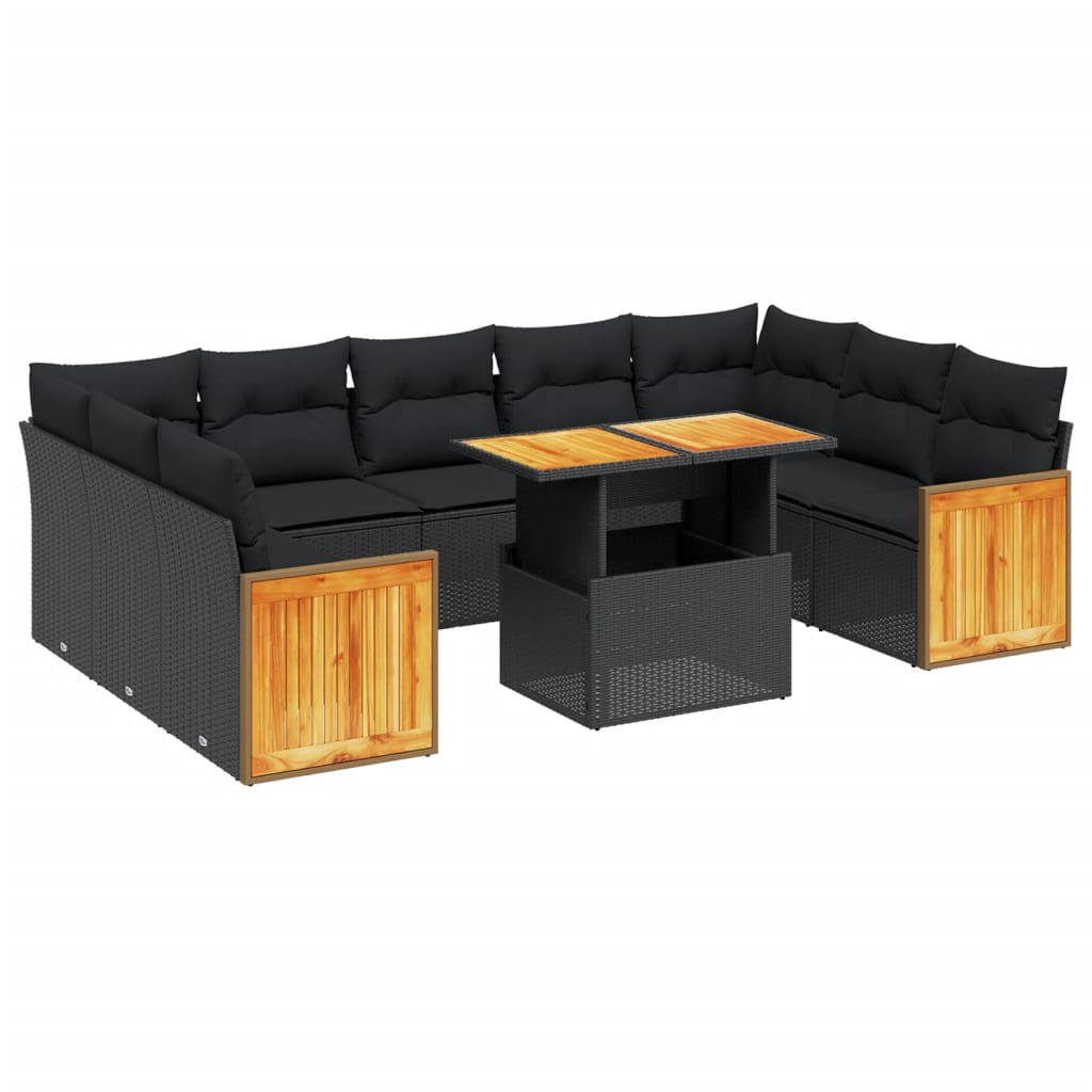Set canapele de grădină cu perne, 10 piese, negru, poliratan GartenMobel Dekor