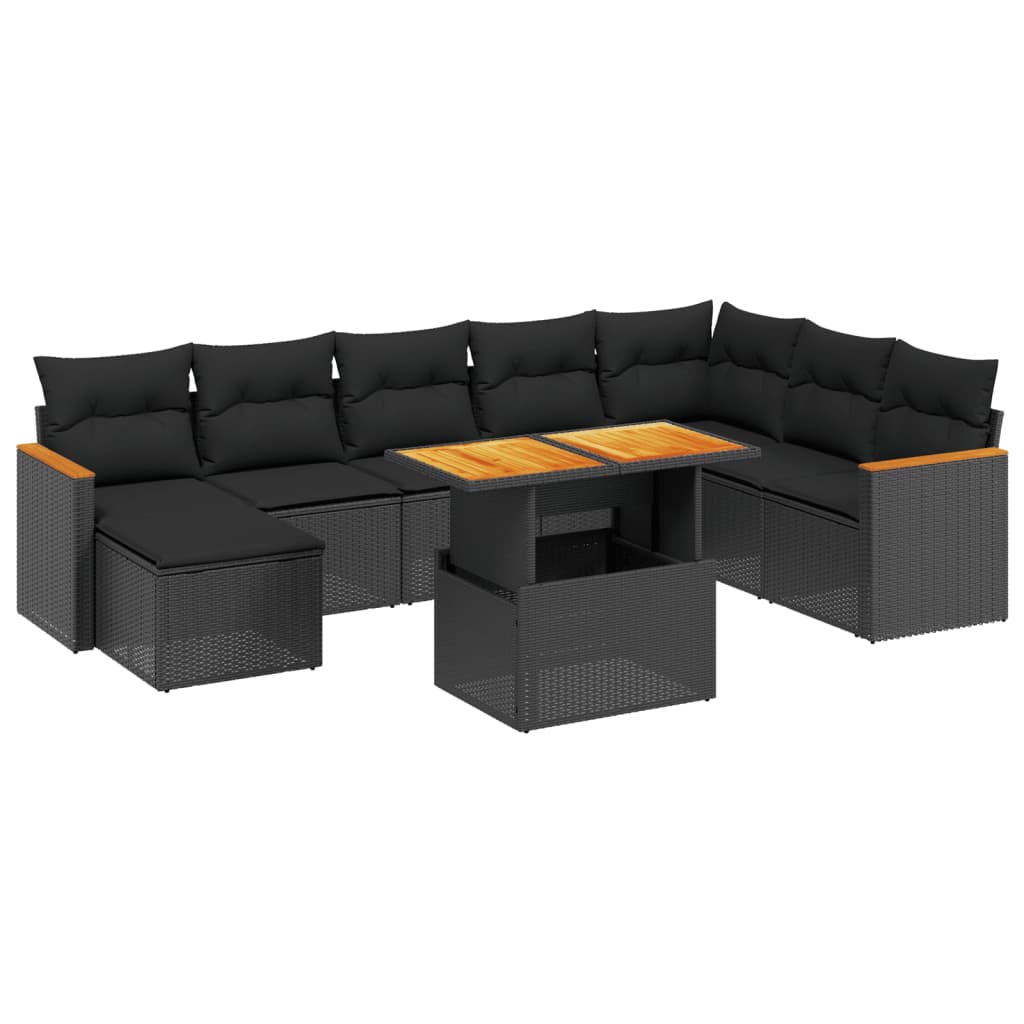 Set mobilier de grădină cu perne, 9 piese, negru, poliratan GartenMobel Dekor