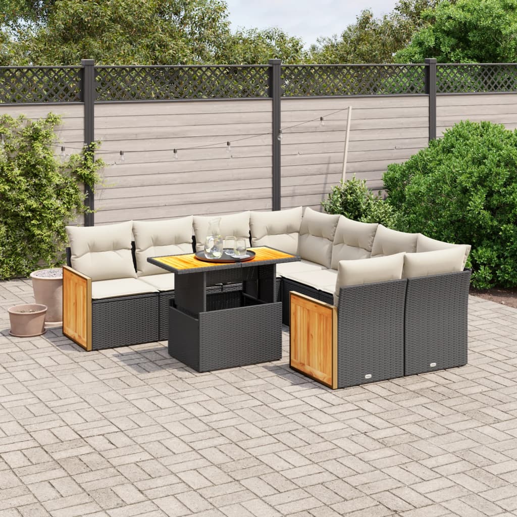 Set mobilier de grădină cu perne, 9 piese, negru, poliratan GartenMobel Dekor
