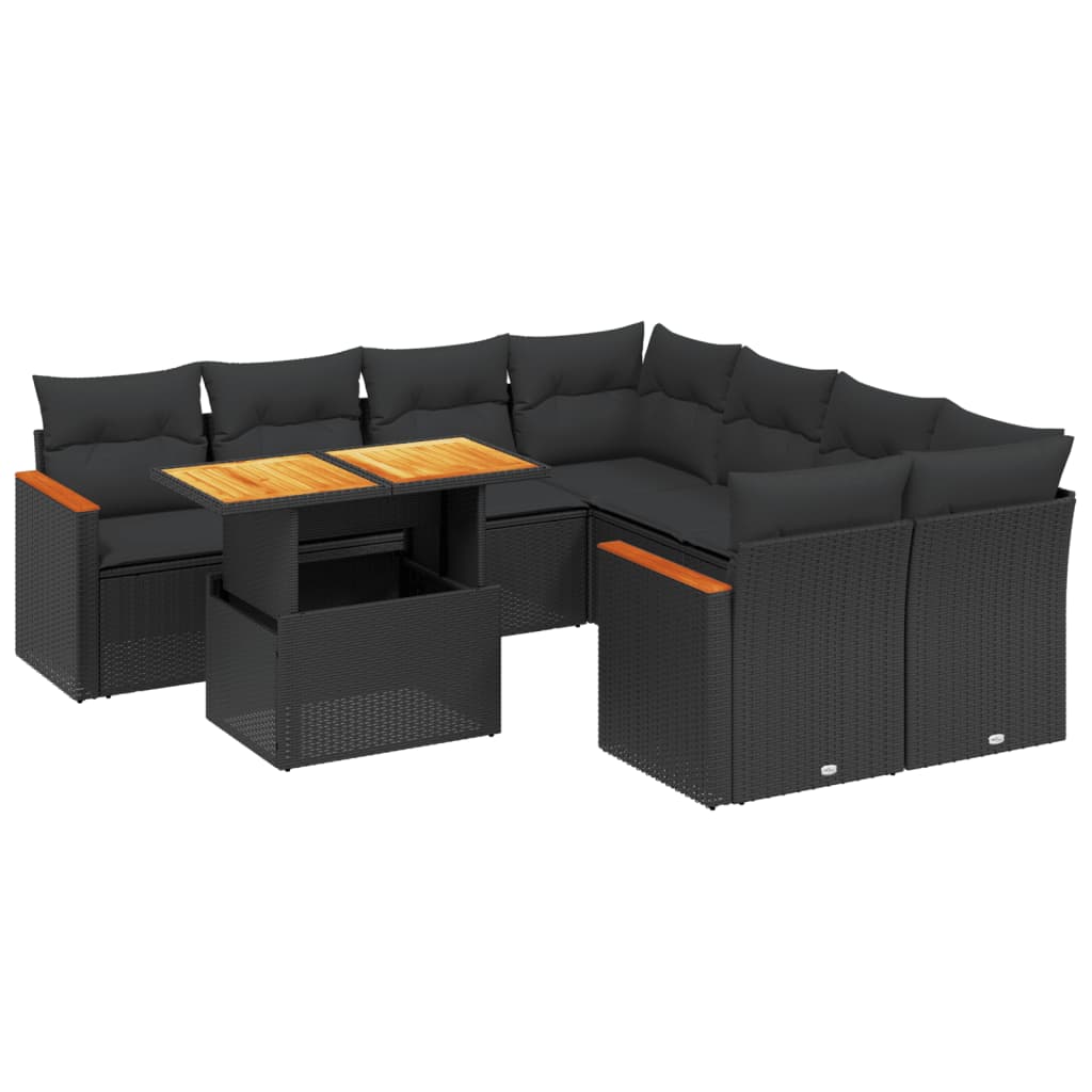 Set mobilier de grădină cu perne, 9 piese, negru, poliratan GartenMobel Dekor