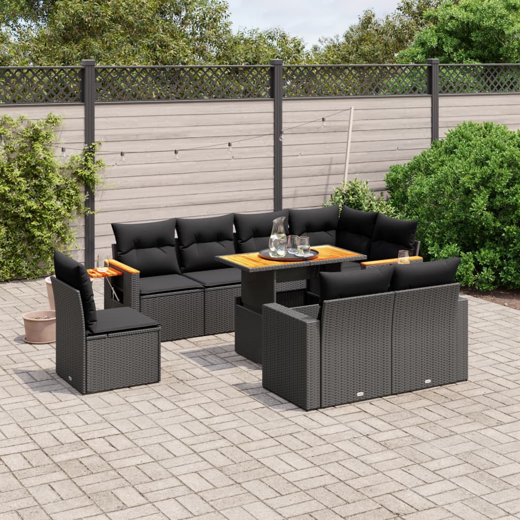 Set mobilier de grădină cu perne, 9 piese, negru, poliratan GartenMobel Dekor