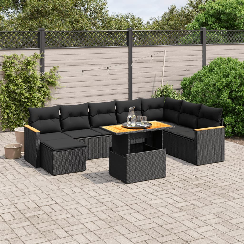 Set mobilier de grădină cu perne, 9 piese, negru, poliratan GartenMobel Dekor