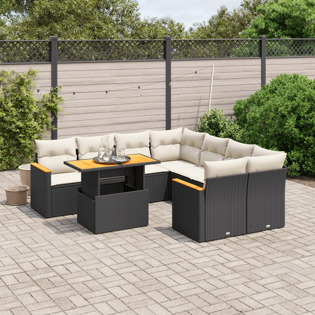 Set mobilier de grădină cu perne, 9 piese, negru, poliratan GartenMobel Dekor