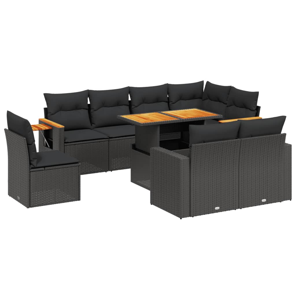 Set mobilier de grădină cu perne, 9 piese, negru, poliratan GartenMobel Dekor