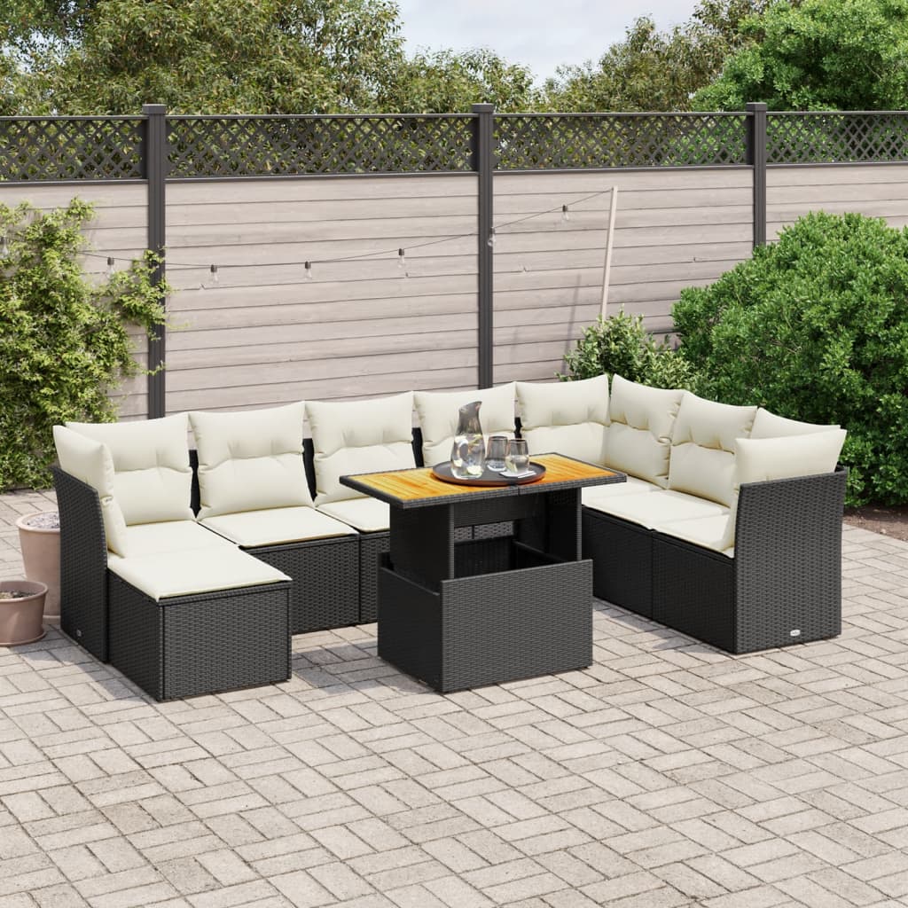 Set mobilier de grădină cu perne, 9 piese, negru, poliratan GartenMobel Dekor