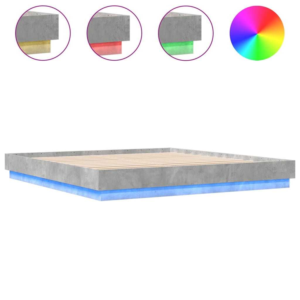 Cadru de pat cu lumini LED, gri beton, 200x200 cm GartenMobel Dekor