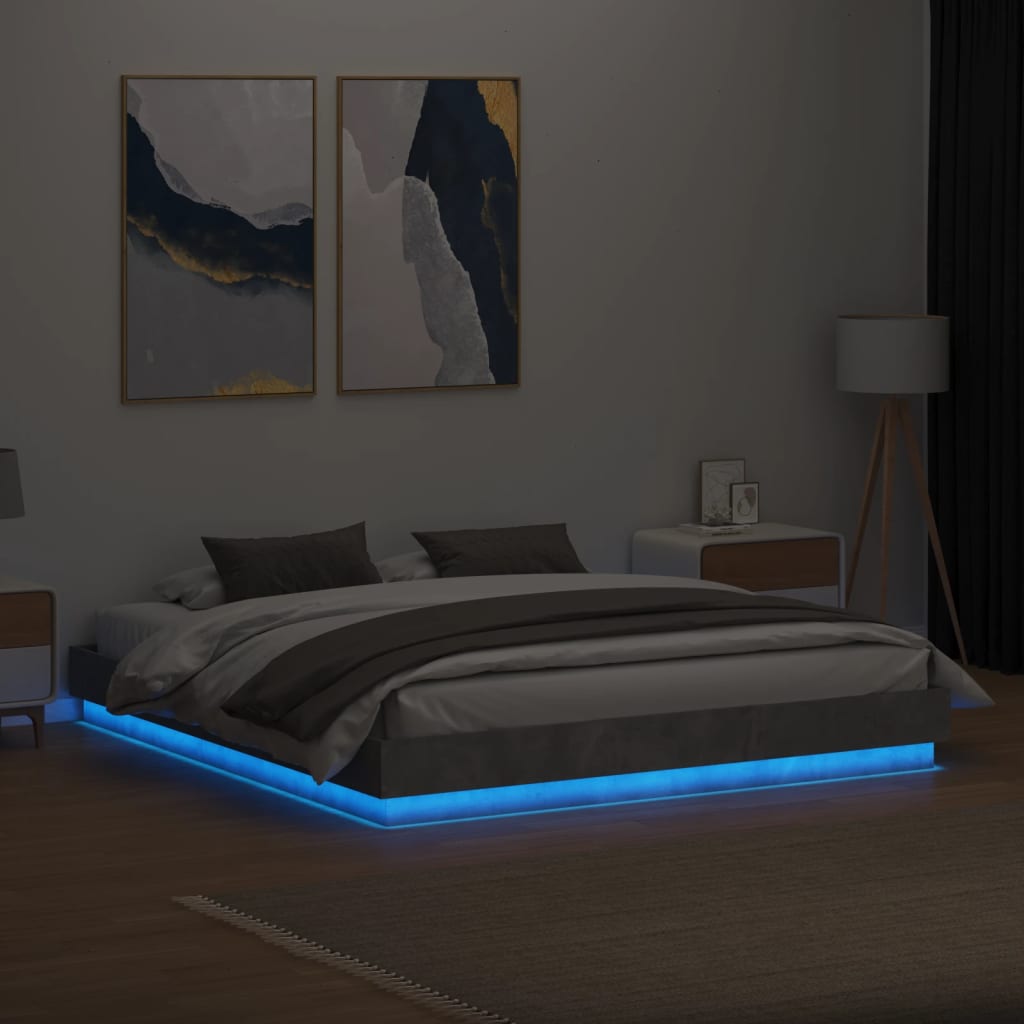 Cadru de pat cu lumini LED, gri beton, 200x200 cm GartenMobel Dekor