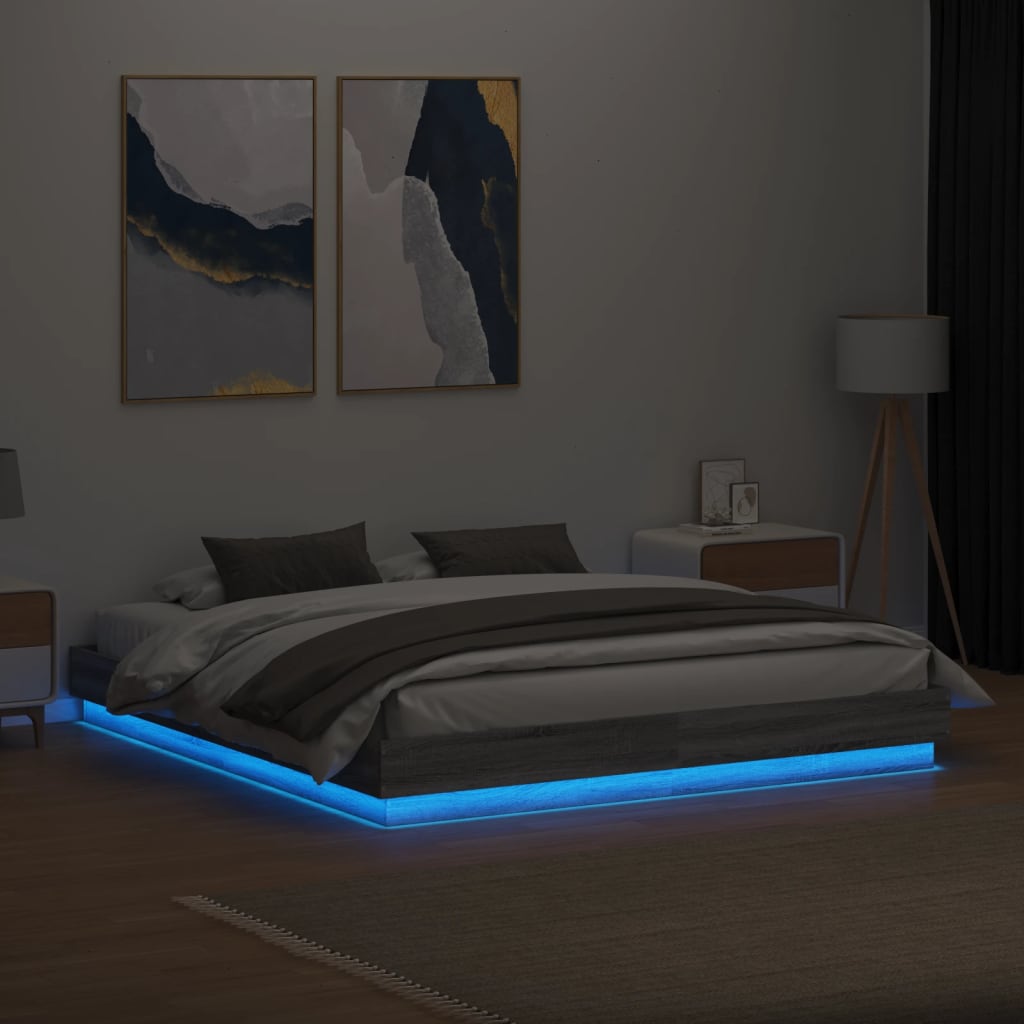Cadru de pat cu lumini LED, gri sonoma, 200x200 cm GartenMobel Dekor
