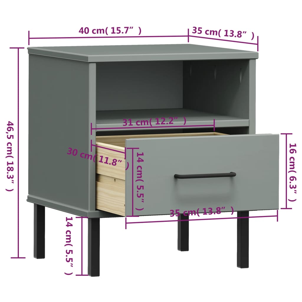Noptieră cu picioare metalice „OSLO”, gri, lemn masiv pin GartenMobel Dekor