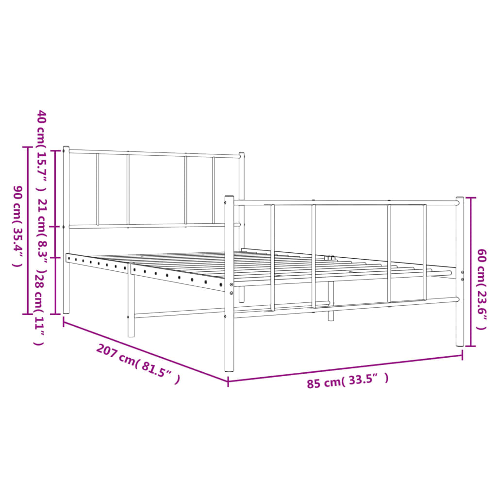 Cadru pat metalic cu tăblii de cap/picioare, negru, 80x200 cm GartenMobel Dekor