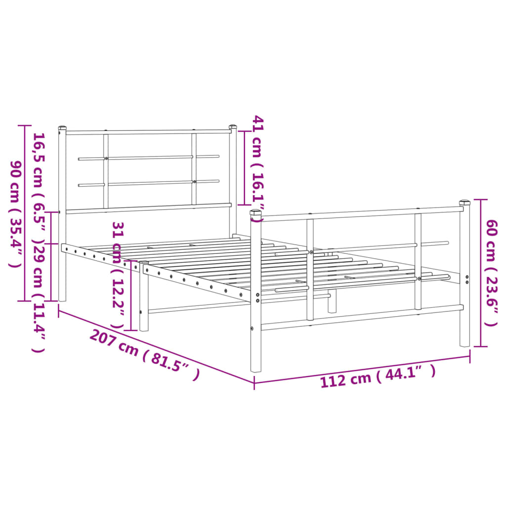 Cadru pat metalic cu tăblii de cap/picioare, negru, 107x203 cm GartenMobel Dekor