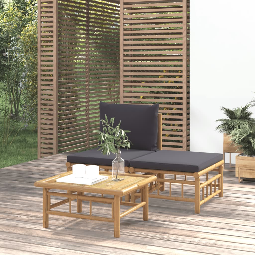 Set mobilier de grădină, perne gri închis, 3 piese, bambus GartenMobel Dekor