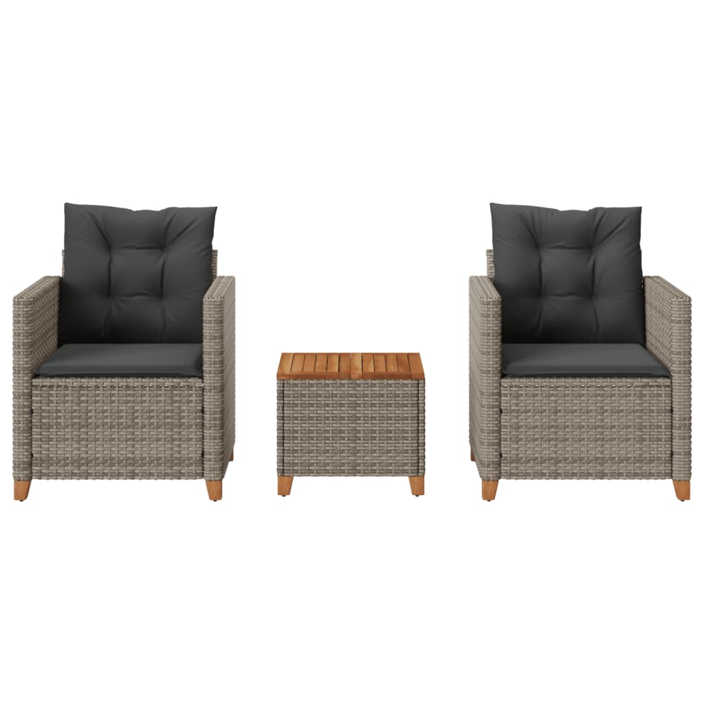 Set bistro cu perne, 3 piese, gri, poliratan și lemn acacia GartenMobel Dekor