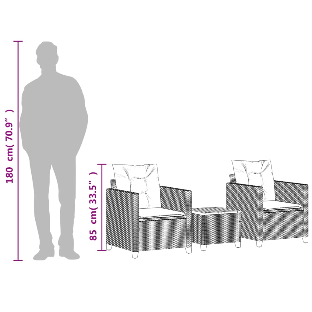 Set bistro cu perne, 3 piese, gri, poliratan și lemn acacia GartenMobel Dekor