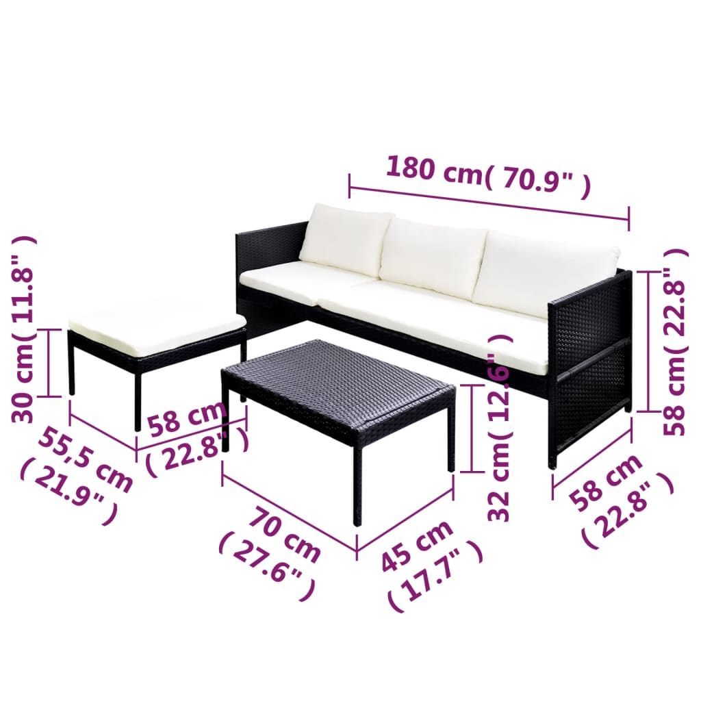 Set mobilier de grădină cu perne, 3 piese, negru, poliratan GartenMobel Dekor