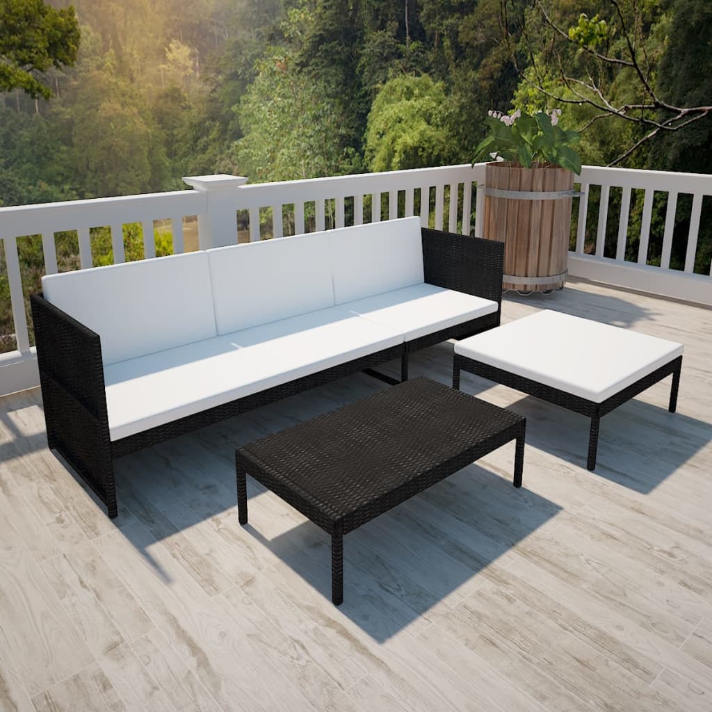 Set mobilier de grădină cu perne, 3 piese, negru, poliratan GartenMobel Dekor