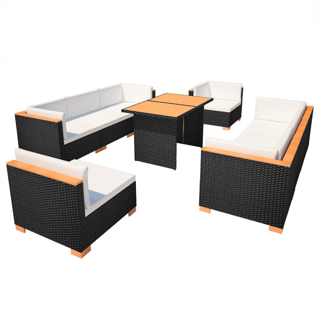 Set mobilier de grădină cu perne, 10 piese, negru, poliratan GartenMobel Dekor