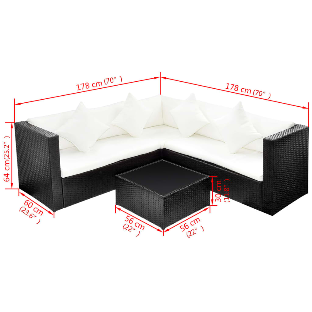 Set mobilier de grădină cu perne, 4 piese, negru, poliratan GartenMobel Dekor