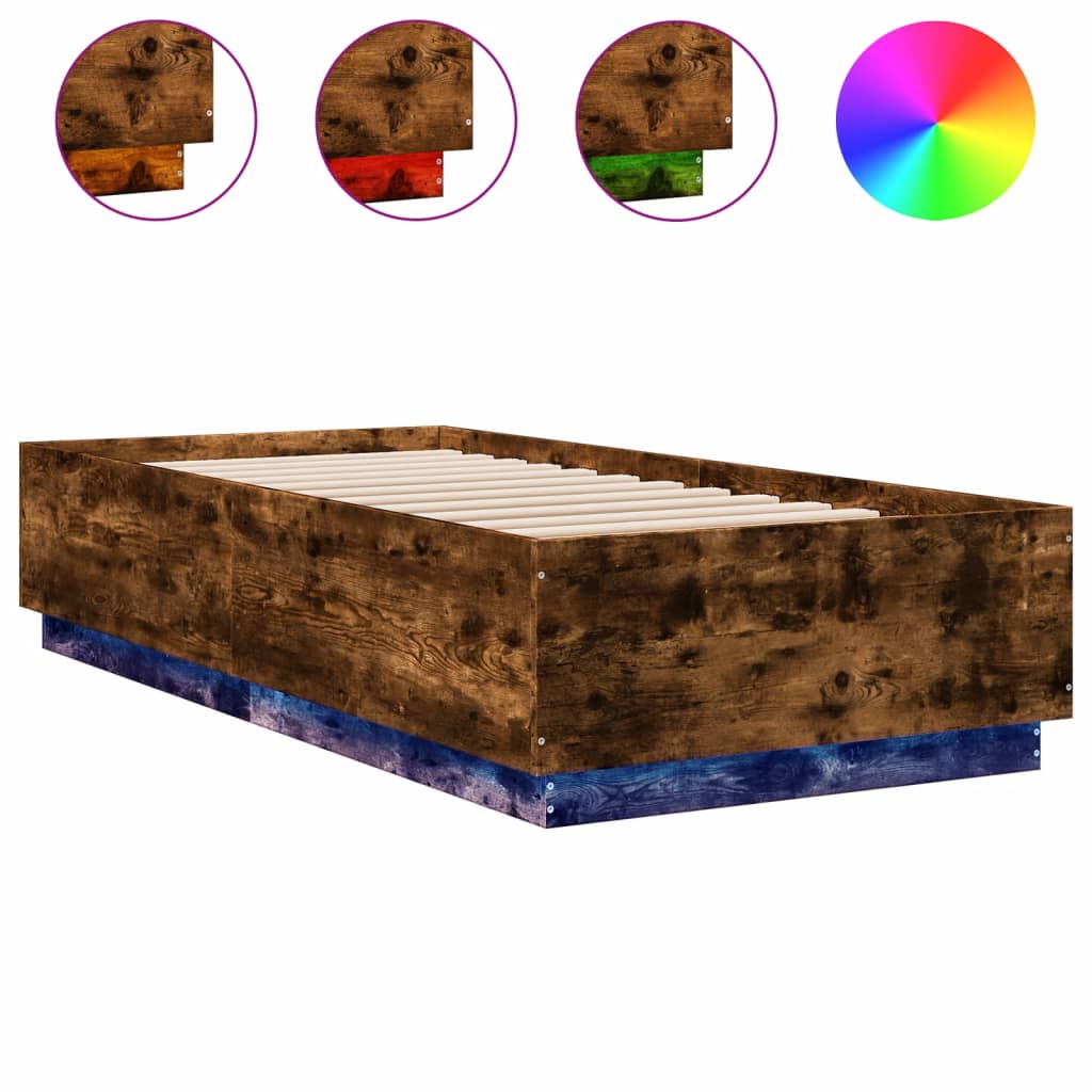 Cadru de pat cu LED, stejar fumuriu, 90x200 cm, lemn prelucrat GartenMobel Dekor