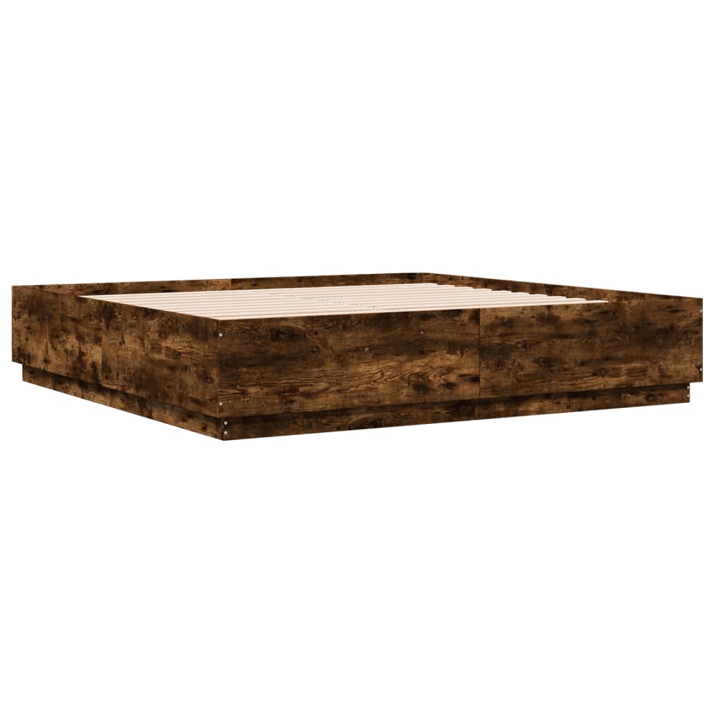 Cadru de pat cu LED stejar fumuriu 200x200cm lemn prelucrat GartenMobel Dekor