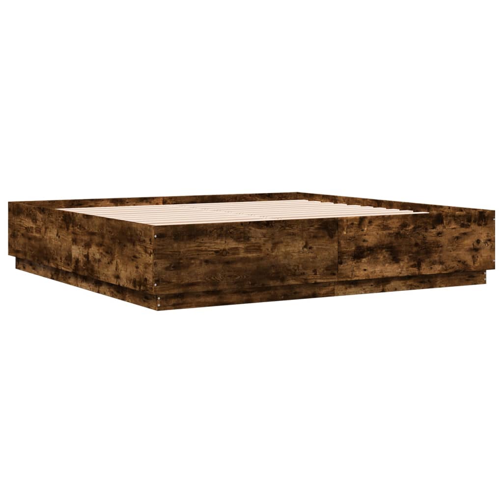 Cadru de pat cu LED stejar fumuriu 200x200cm lemn prelucrat GartenMobel Dekor