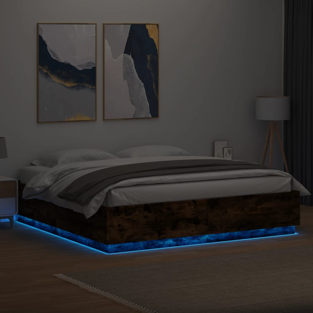 Cadru de pat cu LED stejar fumuriu 200x200cm lemn prelucrat GartenMobel Dekor