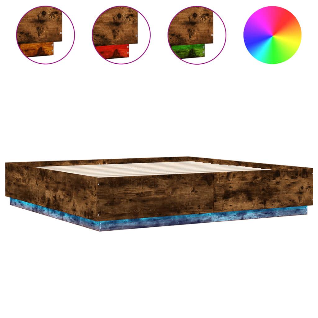 Cadru de pat cu LED stejar fumuriu 200x200cm lemn prelucrat GartenMobel Dekor