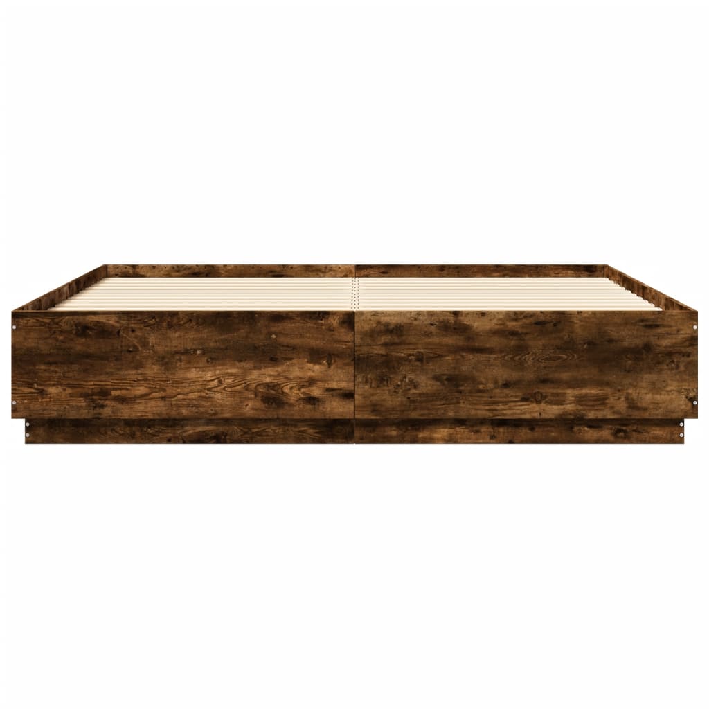 Cadru de pat cu LED stejar fumuriu 200x200cm lemn prelucrat GartenMobel Dekor