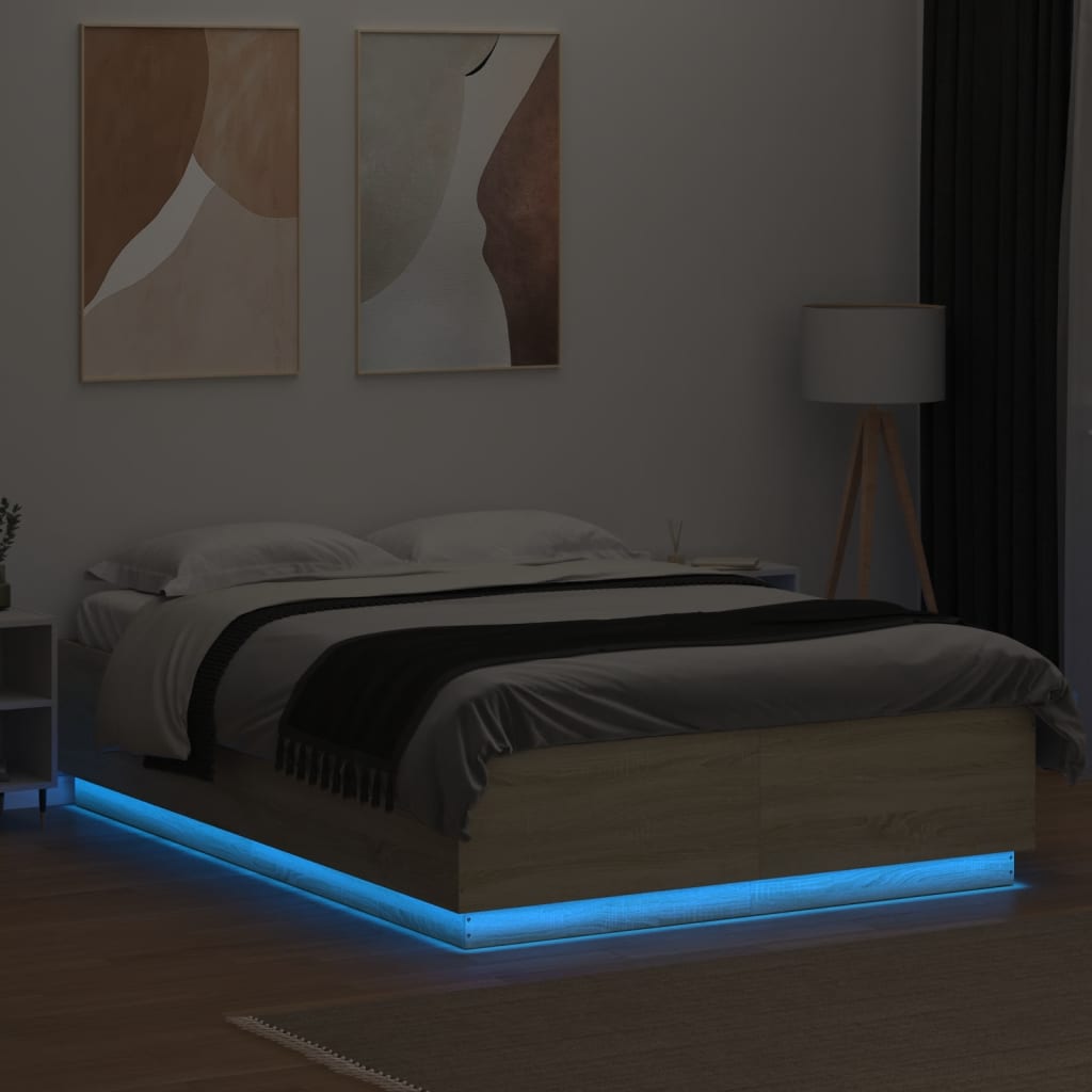 Cadru de pat cu LED stejar sonoma 150x200 cm lemn prelucrat GartenMobel Dekor