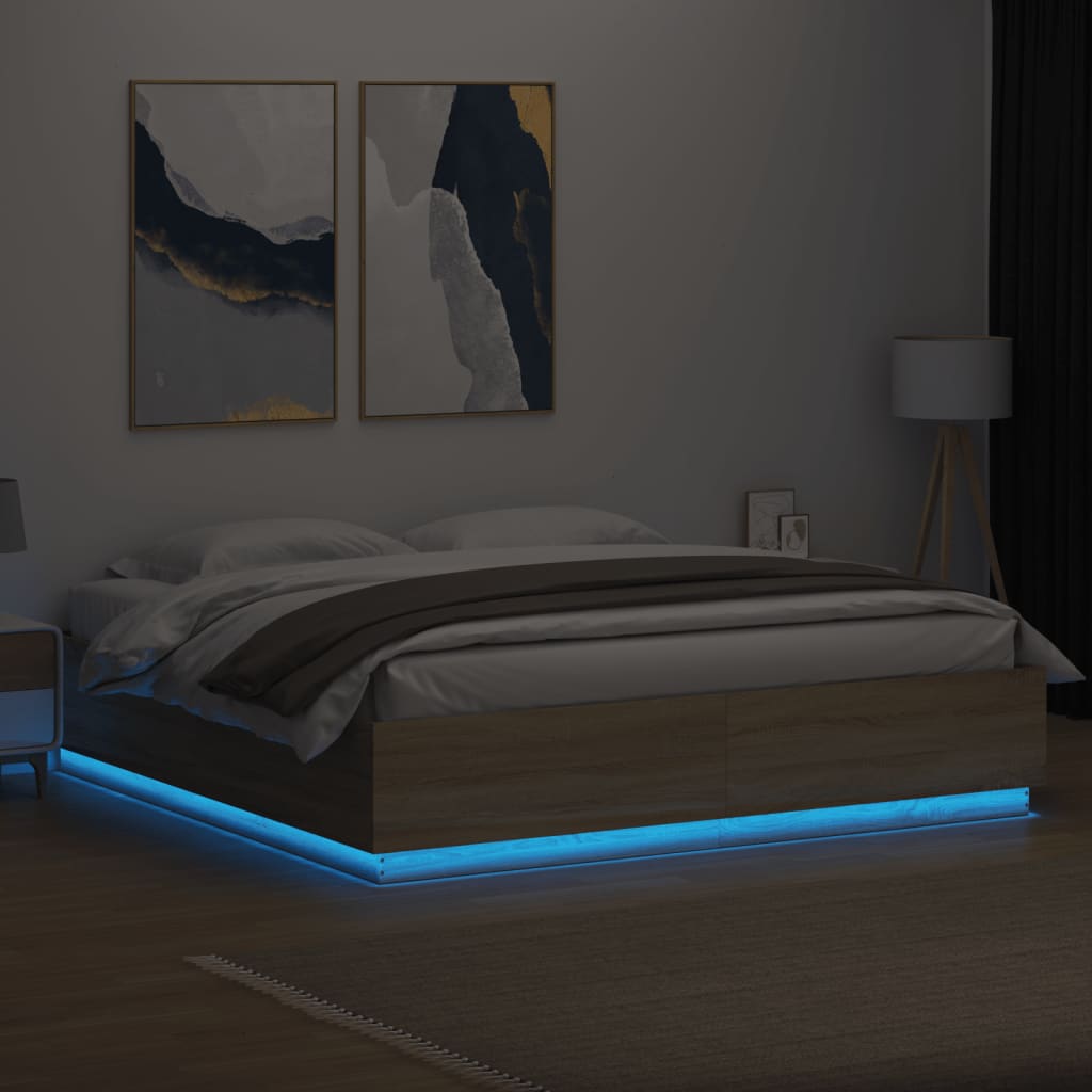Cadru de pat cu LED stejar sonoma 200x200 cm lemn prelucrat GartenMobel Dekor