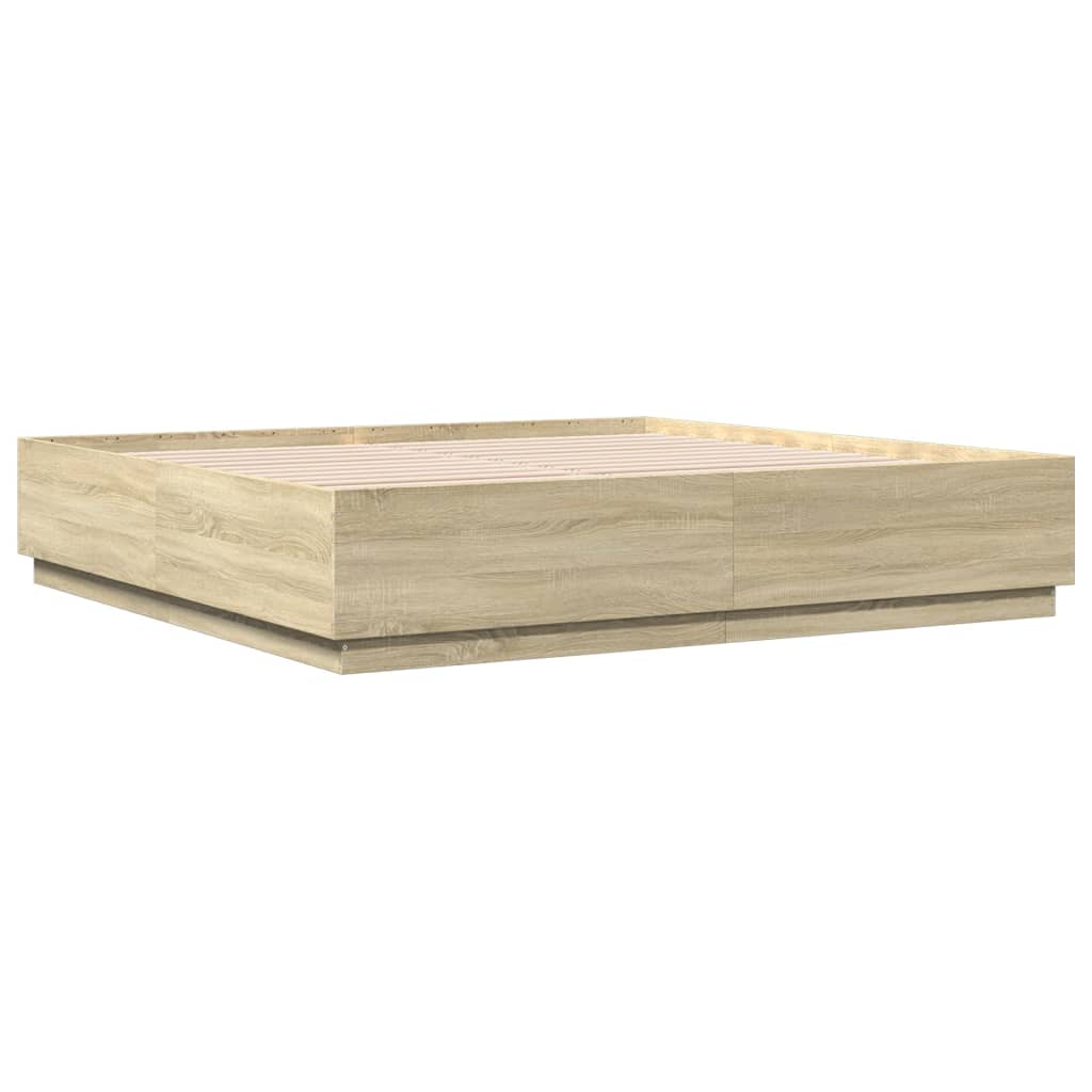 Cadru de pat cu LED stejar sonoma 200x200 cm lemn prelucrat GartenMobel Dekor