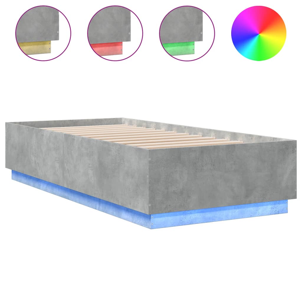 Cadru de pat cu lumini LED, gri beton, 90x200 cm lemn prelucrat GartenMobel Dekor