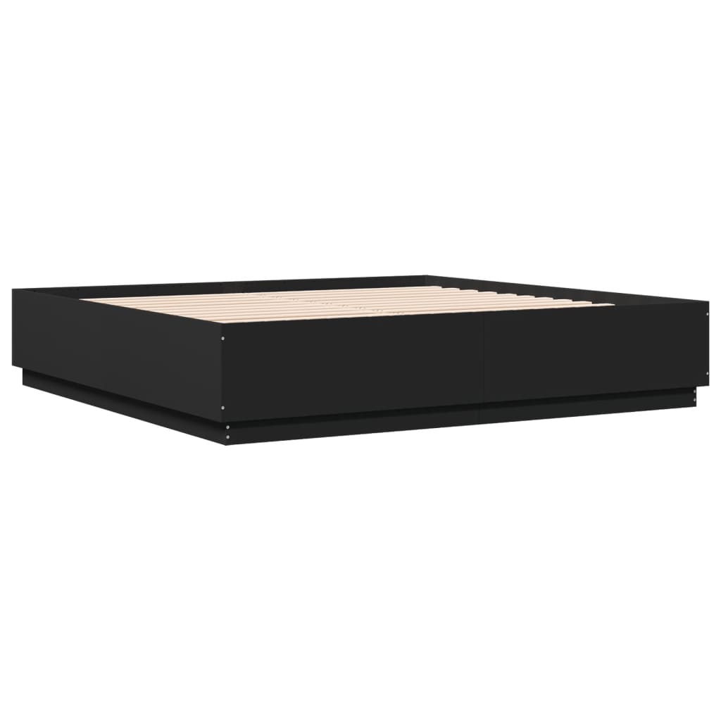 Cadru de pat cu lumini LED, negru, 200x200 cm, lemn prelucrat GartenMobel Dekor