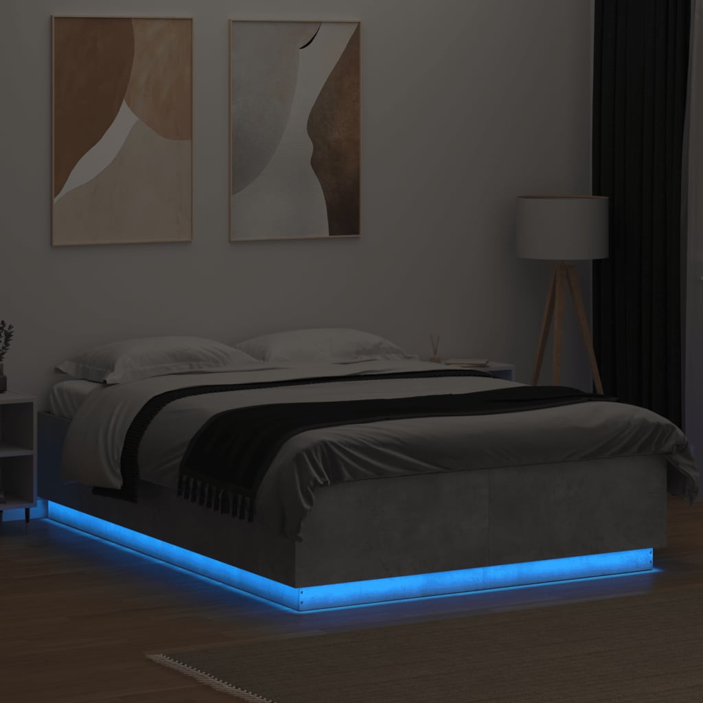 Cadru de pat cu lumini LED gri beton 150x200 cm, lemn prelucrat GartenMobel Dekor