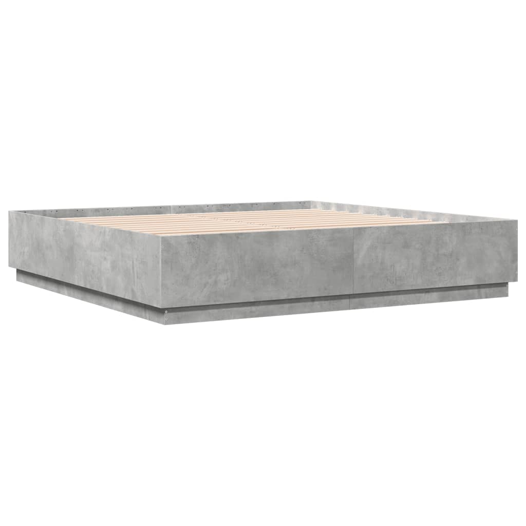 Cadru de pat cu lumini LED gri beton 200x200 cm lemn prelucrat GartenMobel Dekor